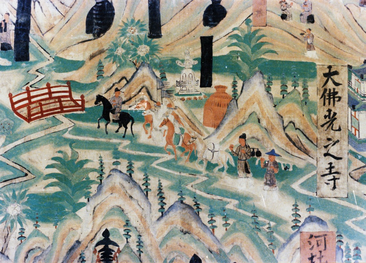 Wutai Dağı (Wutaishan) Haritasının Detayı, Dunhuang Mağaralarında Beş Hanedan (907 - 960) sırasında yapılmış, bir yol boyunca seyahat eden hacıları betimleyen bir duvar resmi by Unknown