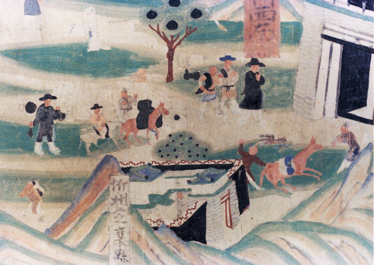 Wutai Dağı (Wutaishan) Haritasının Detayı, Dunhuang Mağaralarında Beş Hanedanlık (907 - 960) sırasında yapılmış, hacıları gece için bir hana gelen tasvir eden bir duvar resmi by Unknown