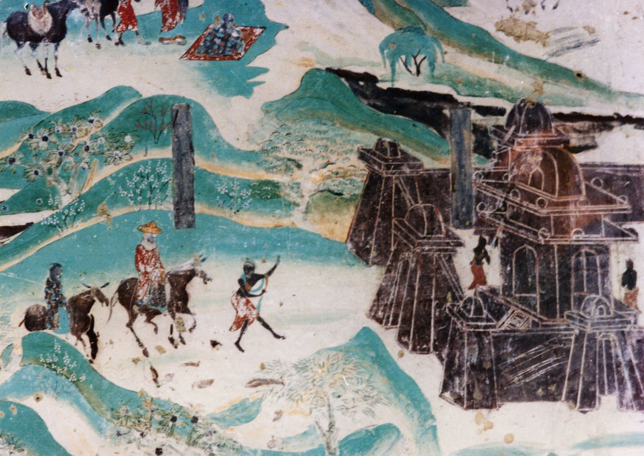 Wutai Dağı (Wutaishan) Haritasının Detayı, Dunhuang Mağaralarında Beş Hanedan (907 - 960) sırasında Batı bölgelerinin tipik mimari tarzını betimleyen bir duvar resmi by Unknown