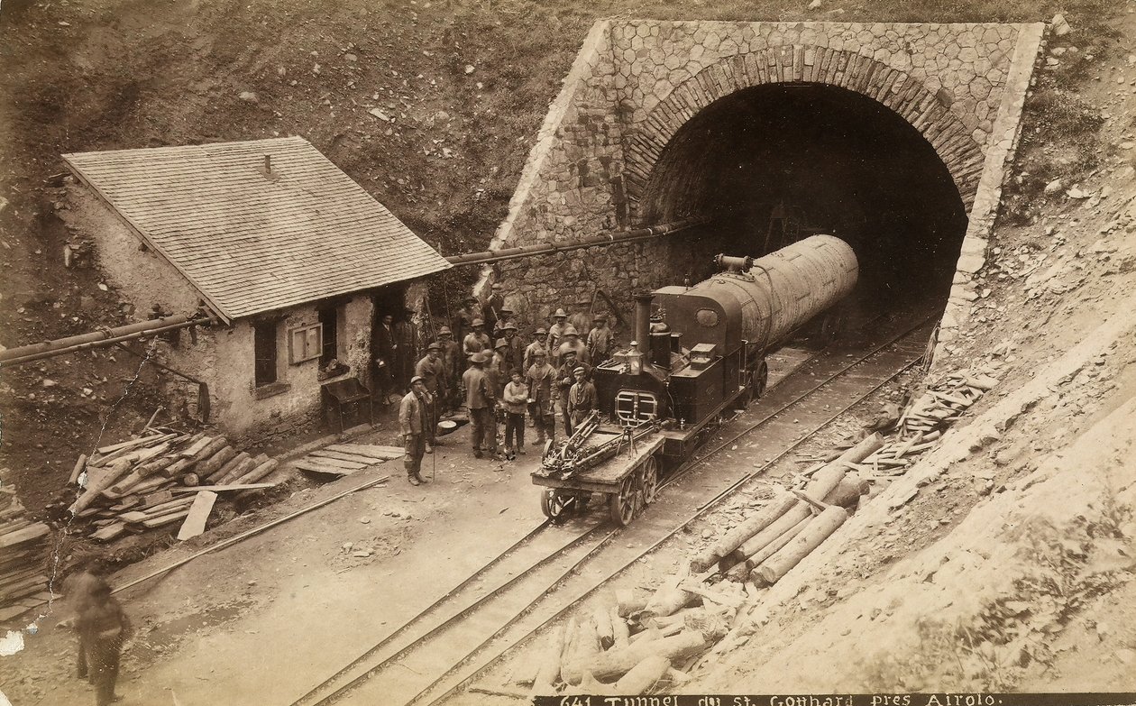 Gotthard demiryolu tüneli inşaatı sırasında işçiler, İsviçre, c.1880 by Unknown