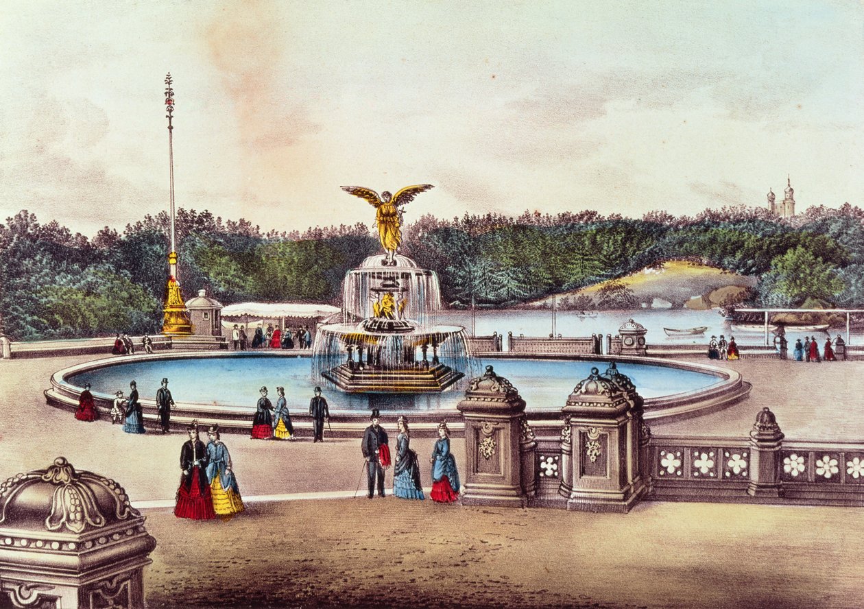 Bethesda Çeşmesi, Central Park, New York, Nathaniel Currier (1813-88) ve James Merritt Ives (1813-88) tarafından yayınlandı (renkli taş) by American School