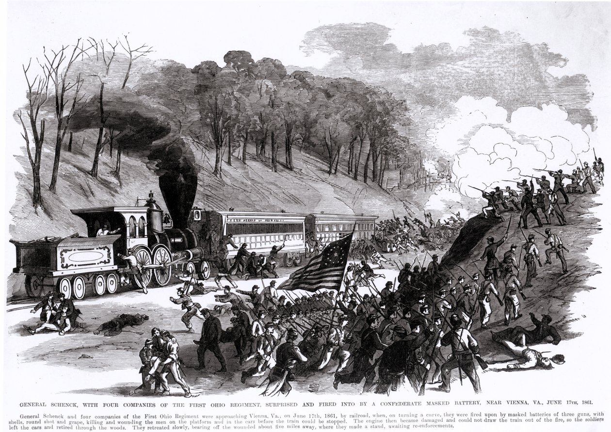 General Schenck, Birinci Ohio Alayının Dört Bölüğü ile Viyana, VA yakınlarında, Konfederasyon Maskeli Bir Batarya Tarafından Şaşırtıldı ve Ateş Edildi, 17 Haziran 1861, 