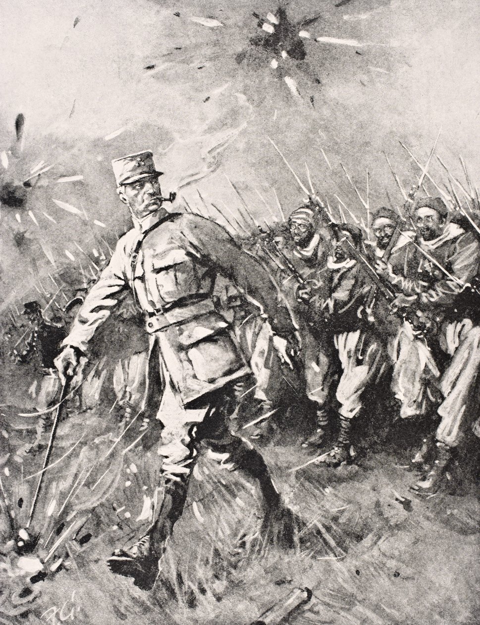 Binbaşı Jean-Baptiste Marchand, ağzında boru, elinde baston, Zouave ve Fas birliklerini Alman düşmanı Batı Cephesi 1915
