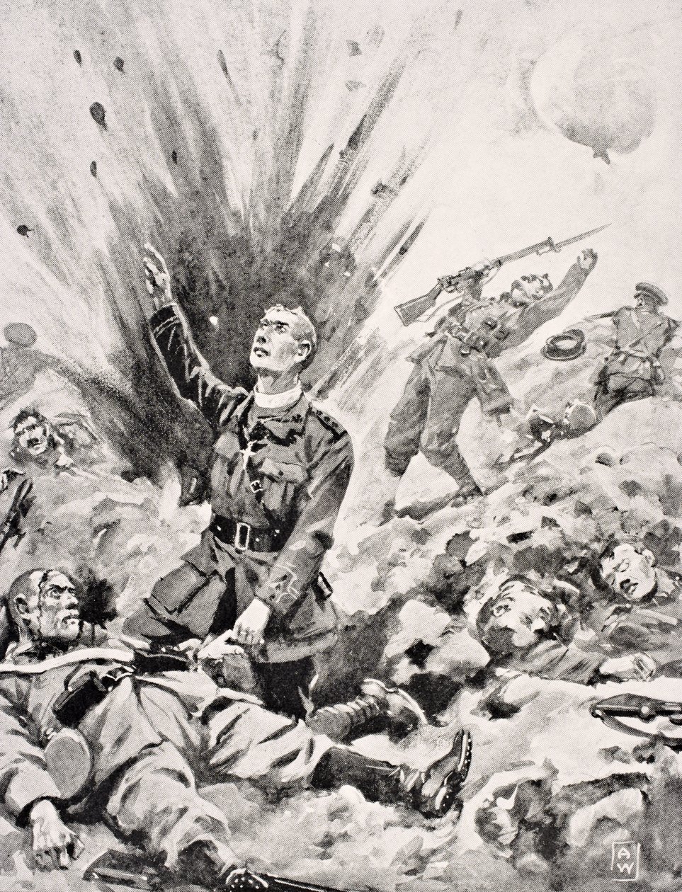 İrlandalı Muhafızlara Rahip John Gwynn papaz ölmekte olan Alman askerine Son Kutsal Eşyayı veriyor, kendisi The War Illustra