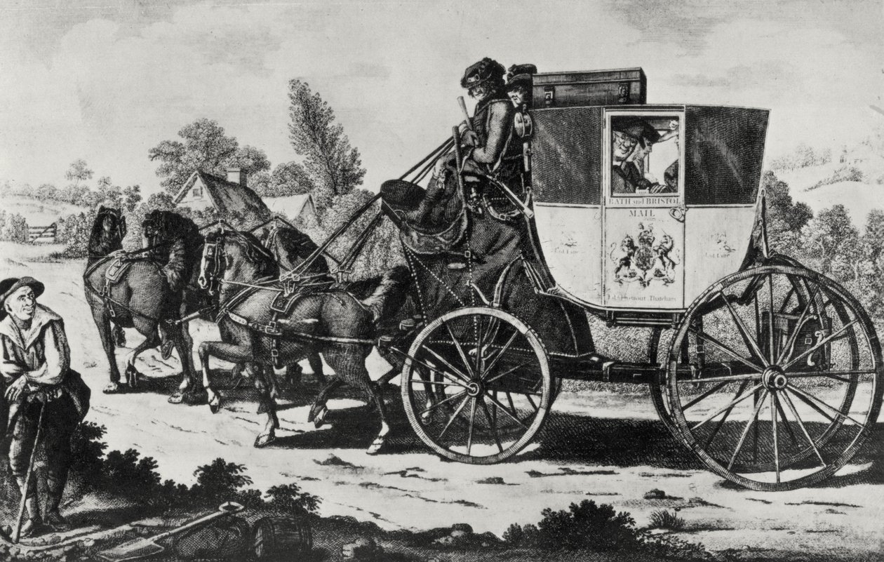 The First Mail Coach, 1784 (gravür) (bundw fotoğrafı) by English School