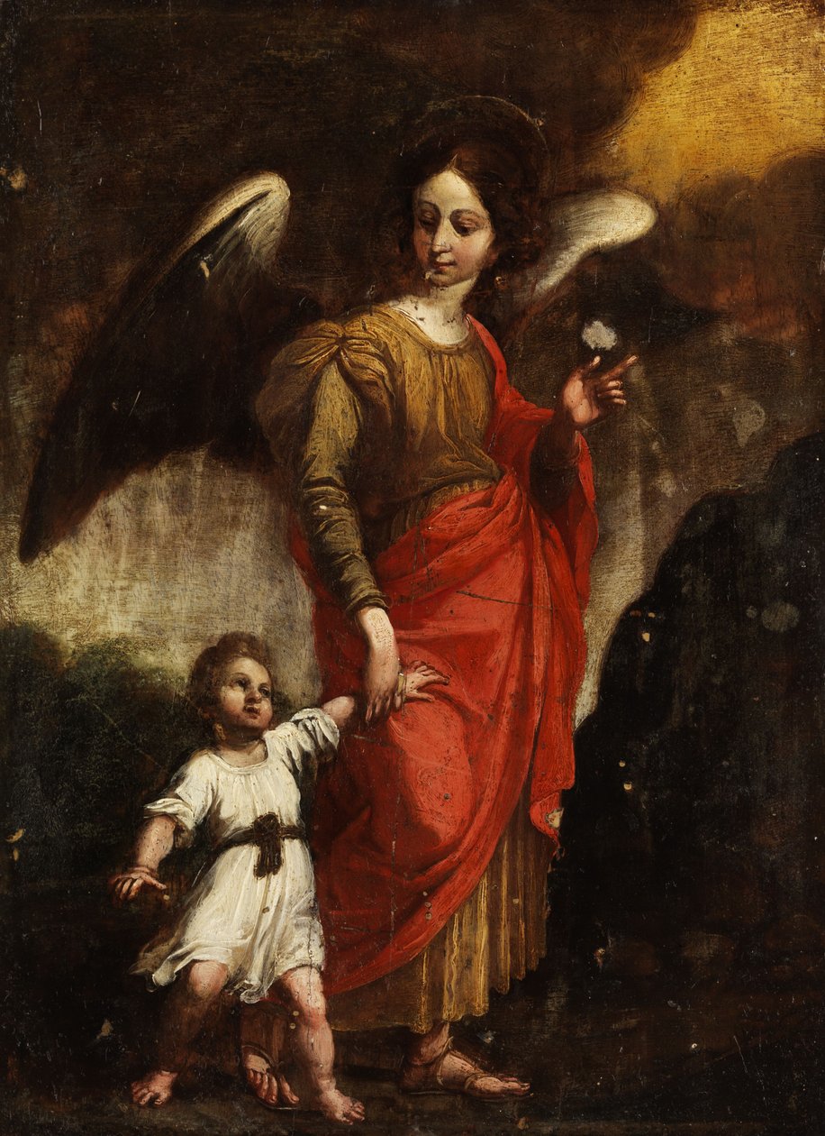 Bir yürümeye başlayan çocuk ile Koruyucu Melek Raphael by Anonymous