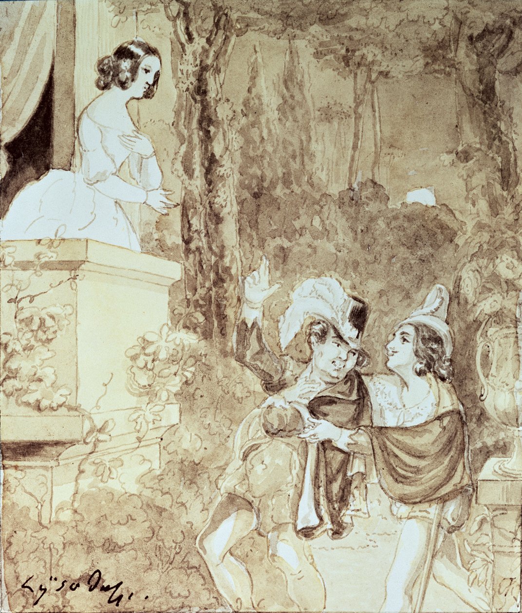 Leporello, arkasında duran Don Giovanni (Don Juan) kılığında Elvira