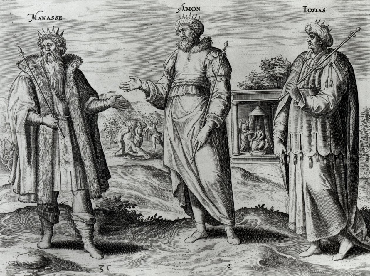 Manaşşe (MÖ 697-642) Amon (MÖ 642-640) ve Josiah (MÖ 640-609) (gravür) (bw fotoğraf) by Dutch School