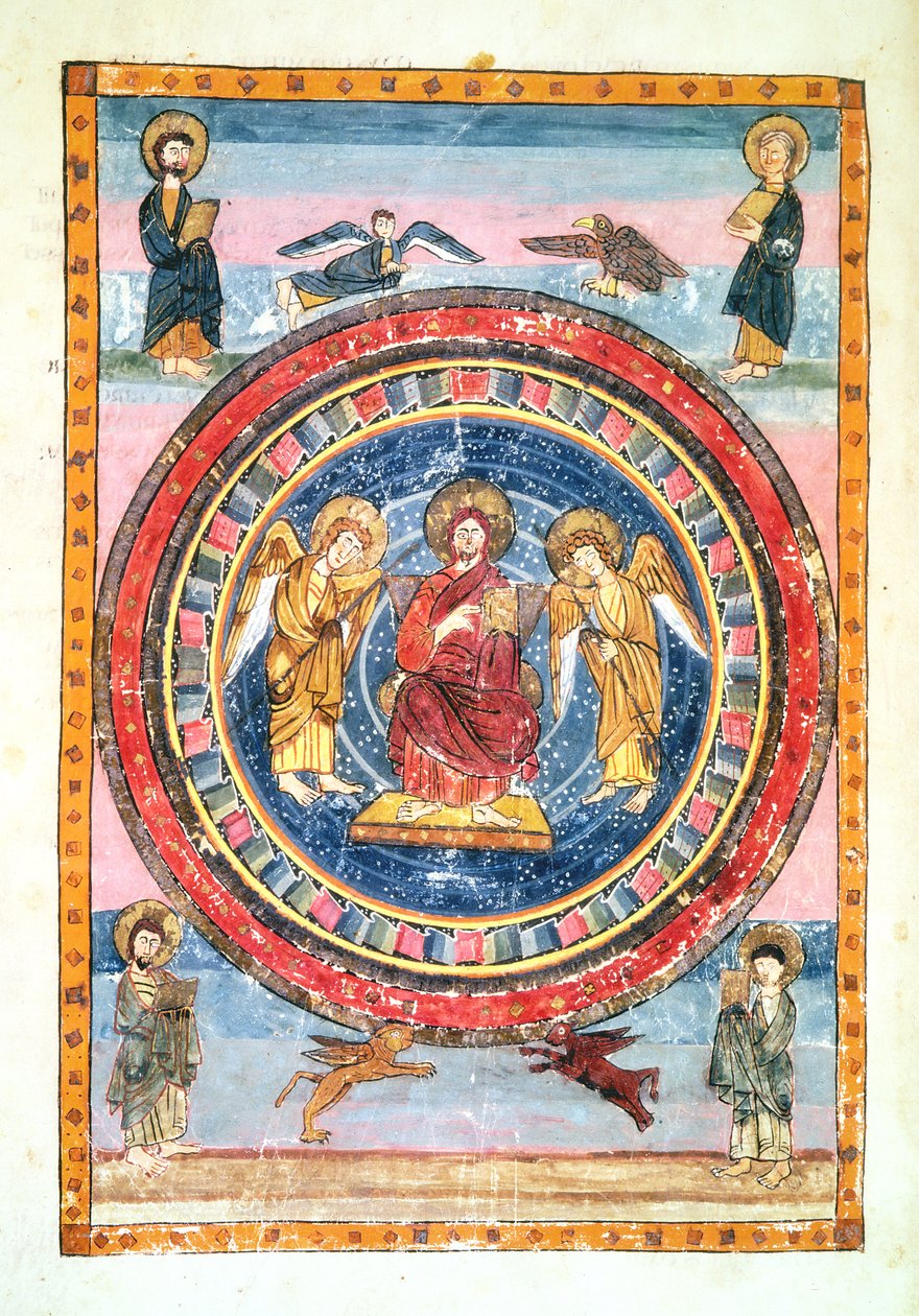 Codex Amiatinus Ms 1 f.796v Melekler ve Dört Evangelist ile Majestelerinde İsa, 8. yüzyılın başlarında Jarrow, Wearmouth