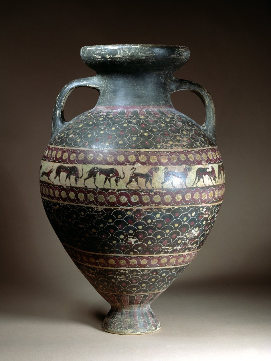 Hayvan frizi, guilloche bordürler ve noktalı ölçek desen kayıtları ile süslenmiş piriform gövdeli depolama amforası, Etrüsk-Korint, MÖ geç 7. yy (çömlek) by Etruscan