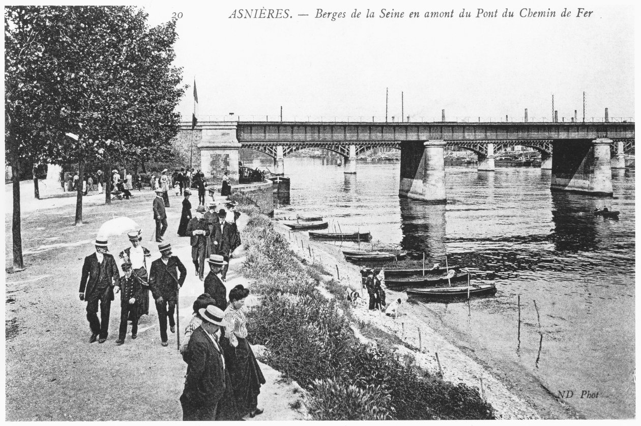 Asnieres, Seine Nehri kıyıları ve demiryolu köprüsü, c.1900 by French Photographer