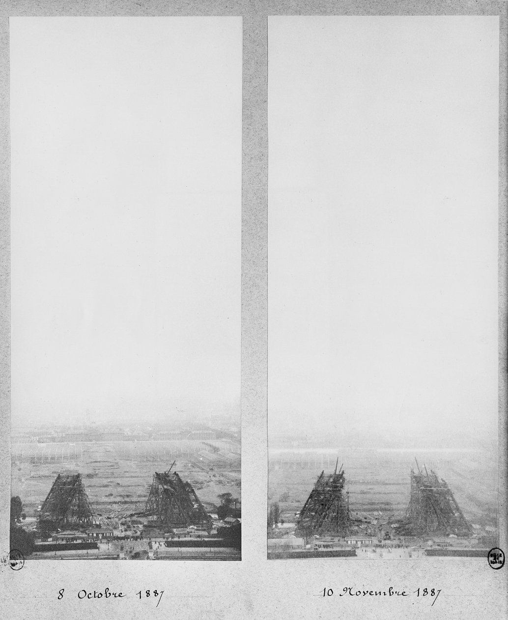 Eyfel Kulesi inşaatının iki görüntüsü, Paris, 8 Ekim ve 10 Kasım 1887 by French Photographer