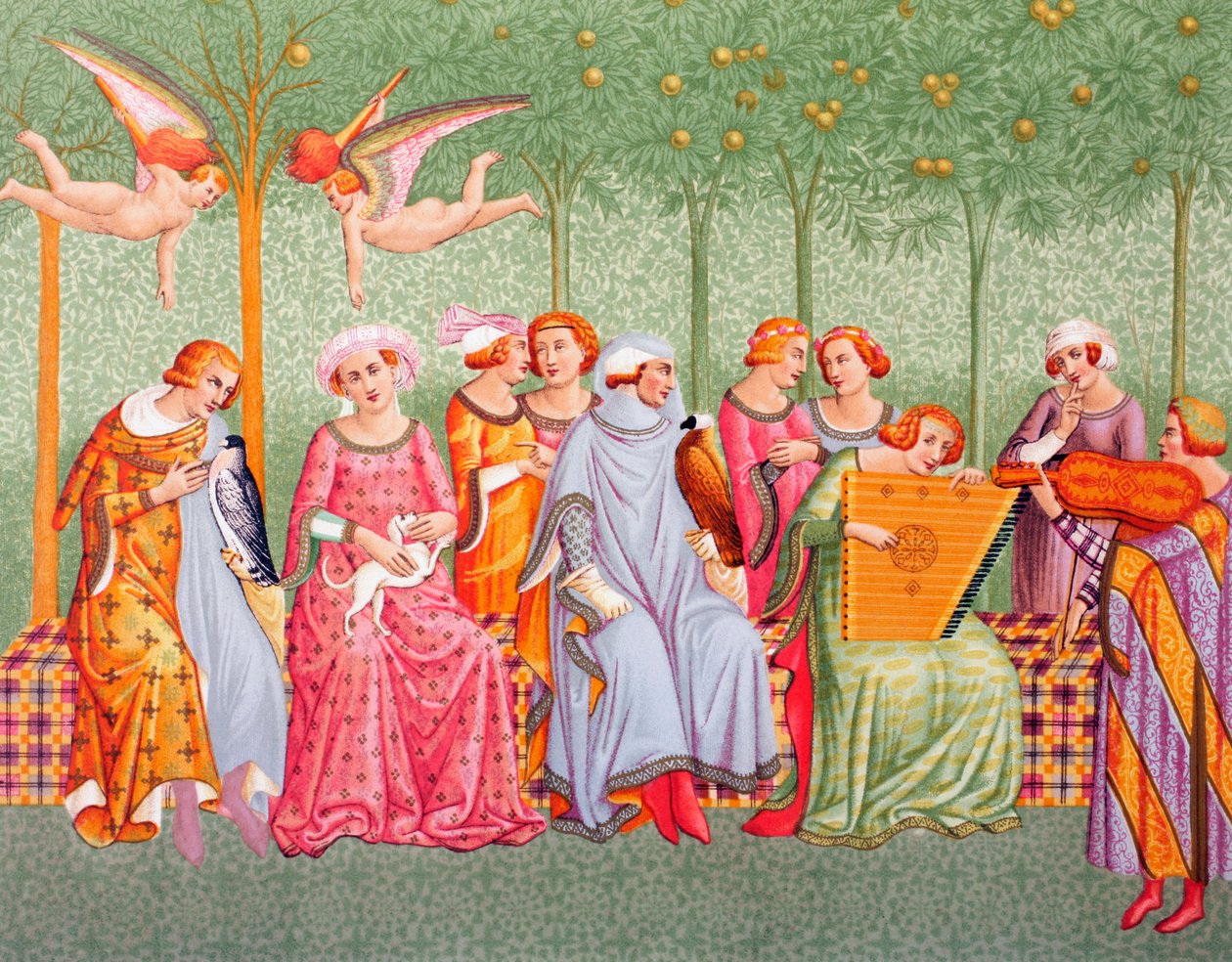 Courtly women listen to music in an orchard, after the Triumph of Death fresco in the Camposanto Monumentale, Pisa, by Buonamico Buffalmacco, from 