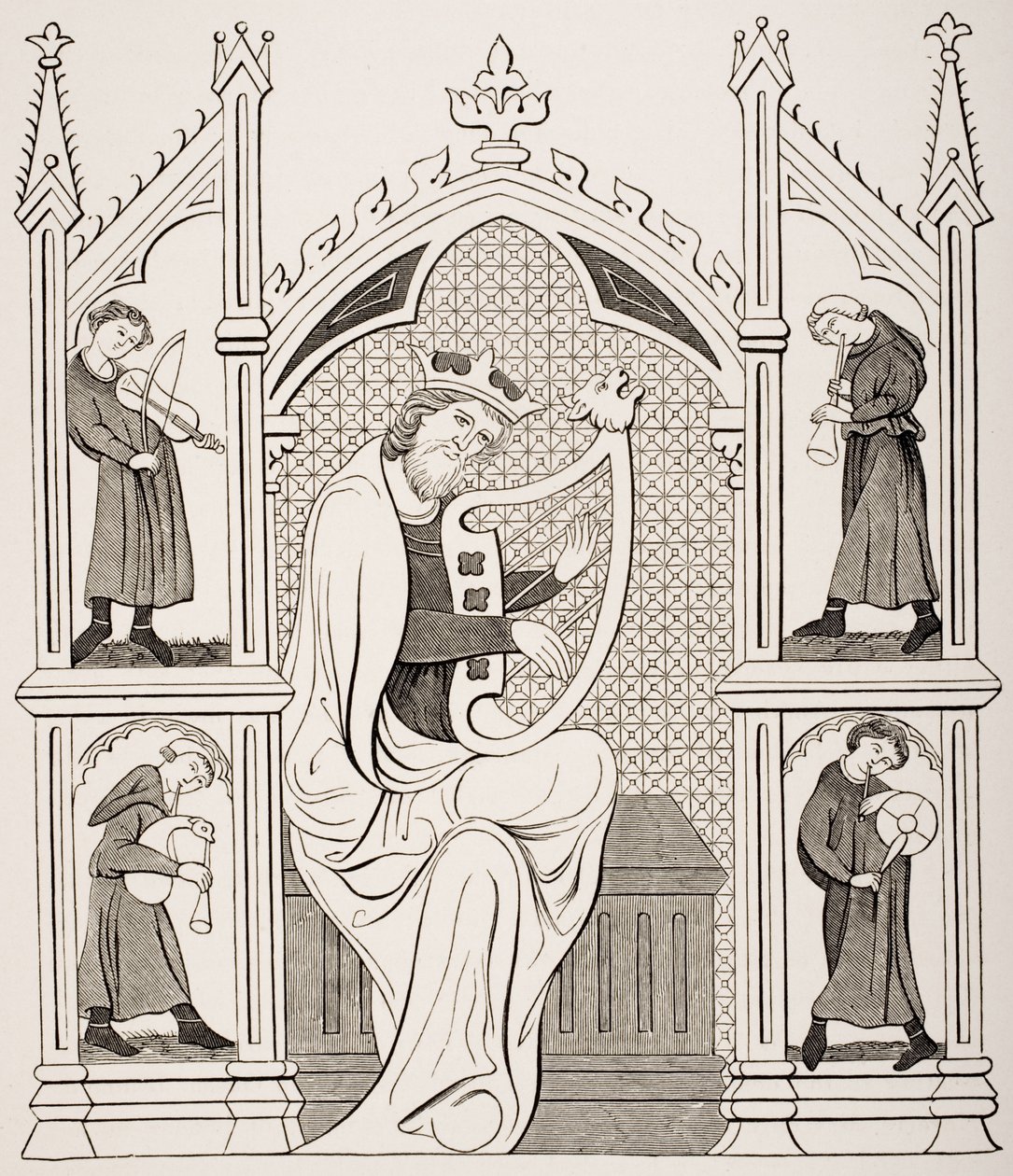 Kral David Dört Müzisyenle çevrili Lir Çalarken, bir el yazması mezmurdaki bir minyatürden sonra, Paul Lacroix (1806-84) tarafından 1847