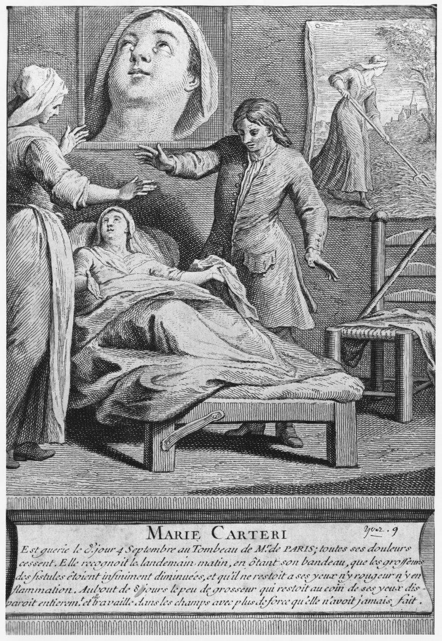 Miraculous healing of a blind woman, Marie Carteri, on the tomb of Deacon Francois de Paris at the parish cemetery Saint-Medard in Paris, engraved by Pieter Yver (1712-87) 1737   by French School