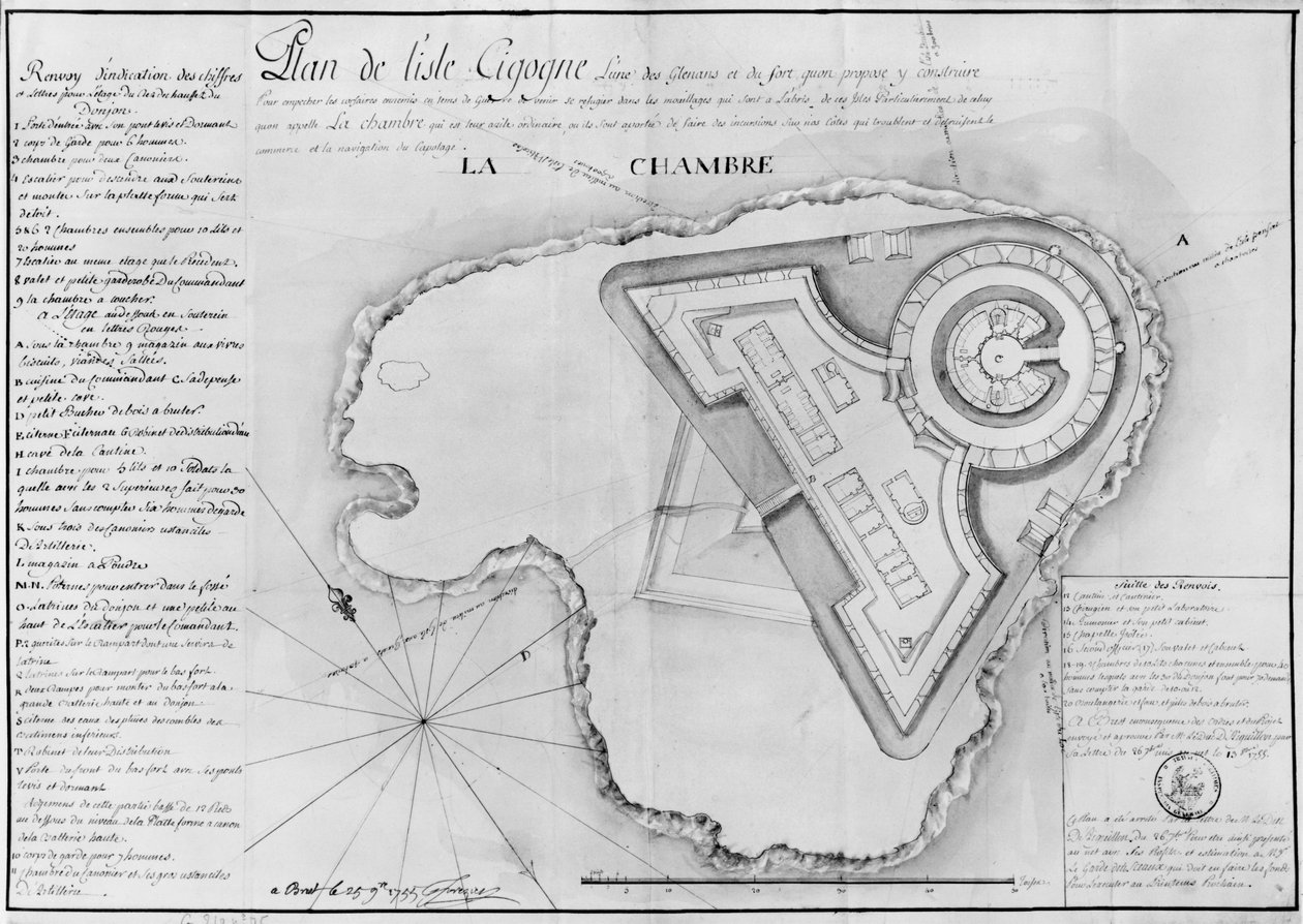 Ile Cigogne planı ve bir kale projesi, Archipel des Glenan, 1745 (kağıt üzerinde kalem ve tuvalet) by French School