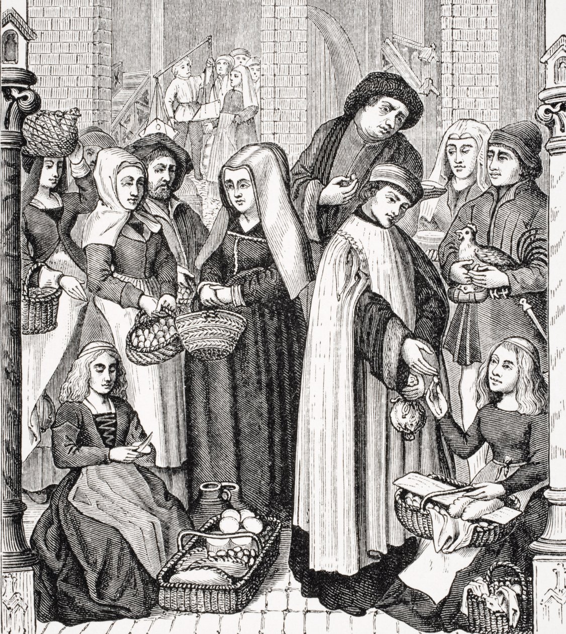 Tournay katedralinde 15. yüzyıldan kalma boyalı bir pencereden sonra, bir Rahip tarafından alınan Piyasalar Üzerindeki Ücretler, Paul Lacroix (1806-84) tarafından 1847