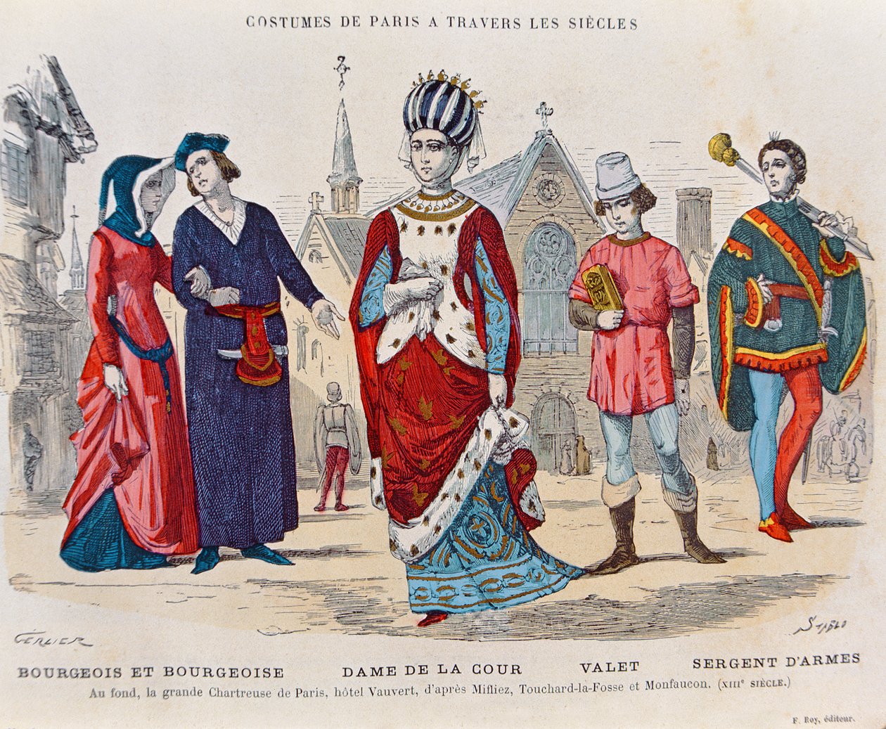 13. yüzyılda Fransa'da saray kostümleri, H. Gourdon de Genouillac'ın 'Costumes de Paris a travers les siecles' adlı çizimi, Stablo tarafından oyulmuş (19. yüzyıl) (renkli gravür) by Gerlier