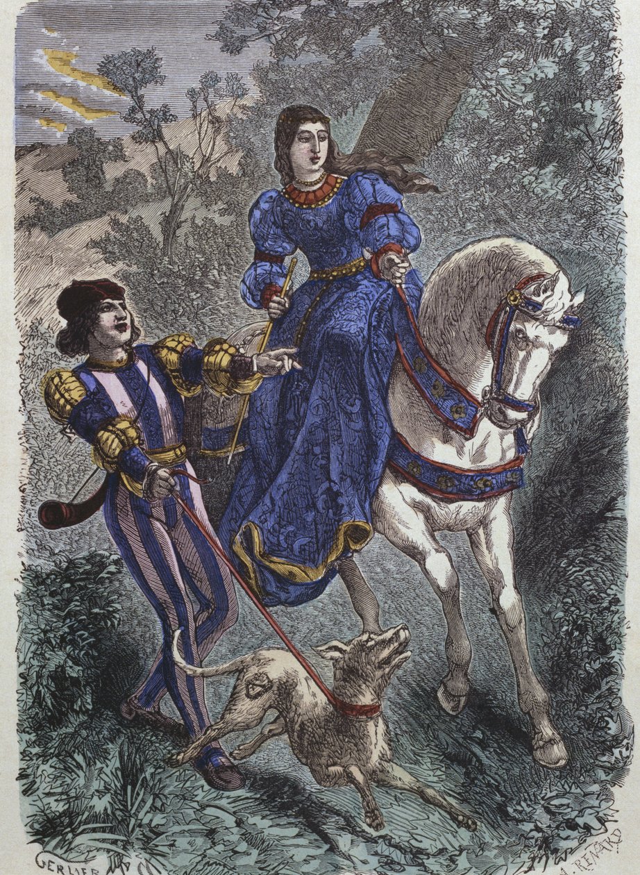 15. yüzyılda av kostümleri, yaveriyle genç binici kadın, H. Gourdon de Genouillac