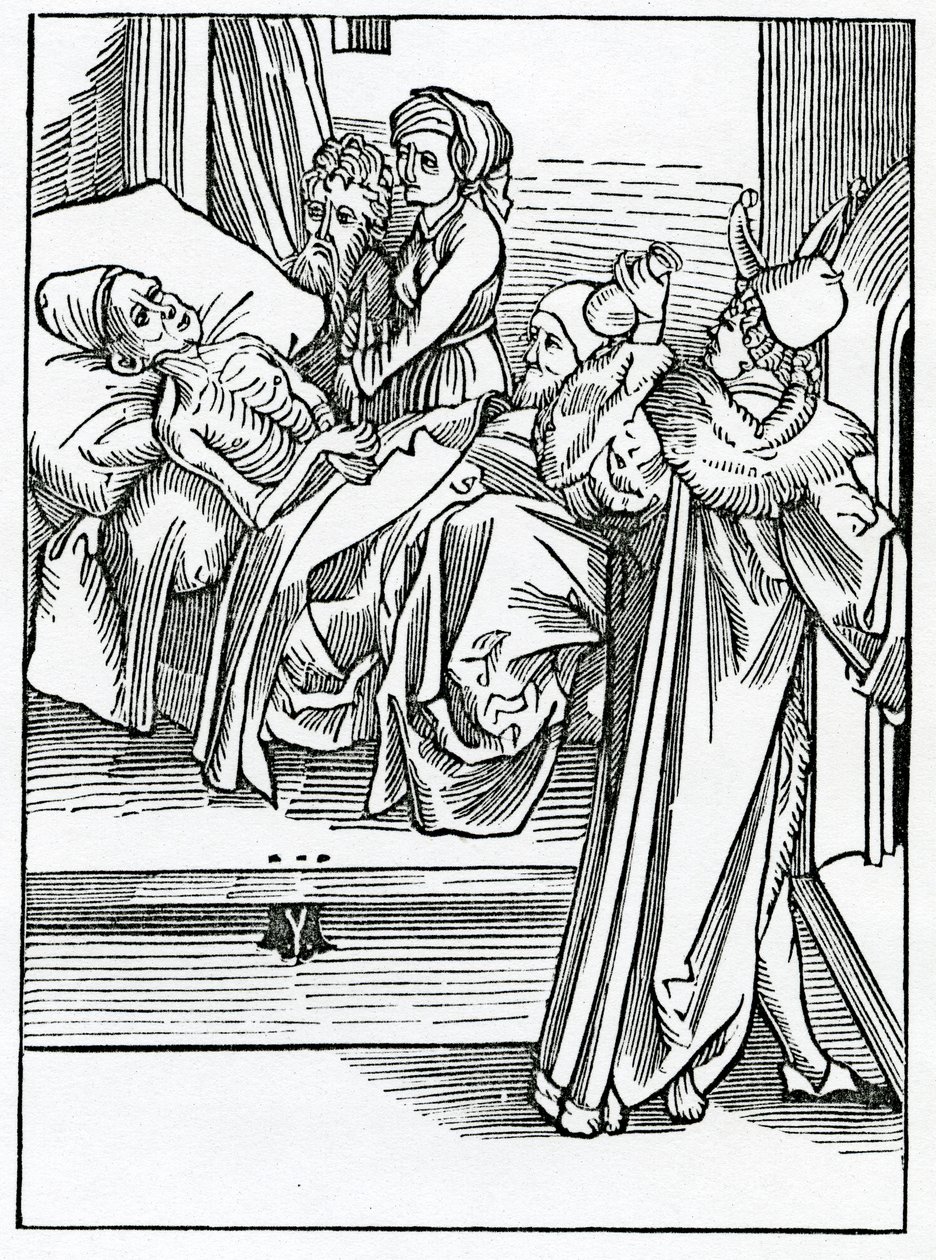 Of folysshe Fesycyans and unlerned that onely folowe paractyke knowynge nought of the speculacyon of theyr faculte, illustration from Alexander Barclay