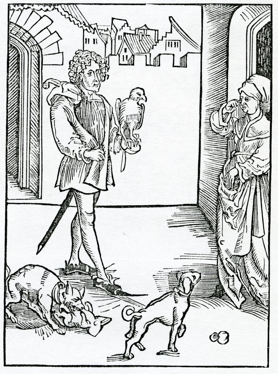 Of them that make noyses rehersynges of talys and do other thynges vnlaufull and dishonest in ye chirche of God, illustration from Alexander Barclay