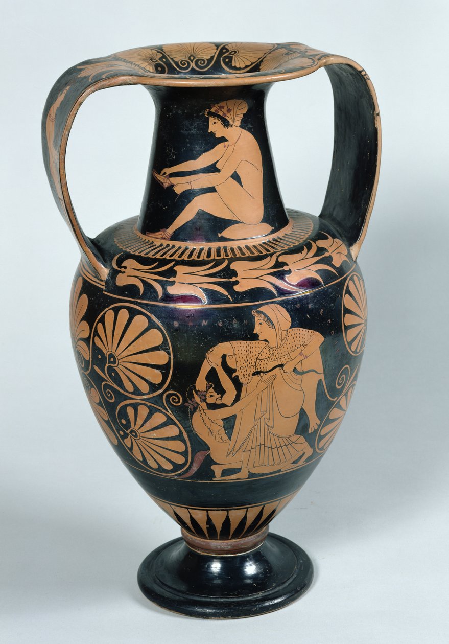 Panphaios (çömlek) tarafından bir maenad ve bir satir tasvir eden tavan arası kırmızı figürlü amfora by Greek