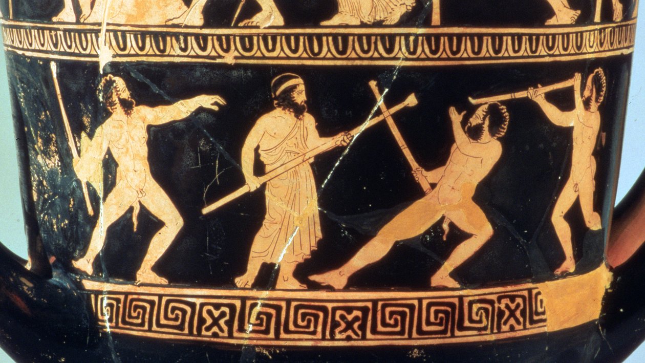 Attika kırmızı figürlü kaliks-krater (üstte) Theseus'un İşlerini ve (altta) satirler Sikinnis, Komos ve Simos Prometheus'un bir rezene sapında taşıdığı kömürlerden meşaleler, MÖ 420 dolayları (çömlek) by Greek