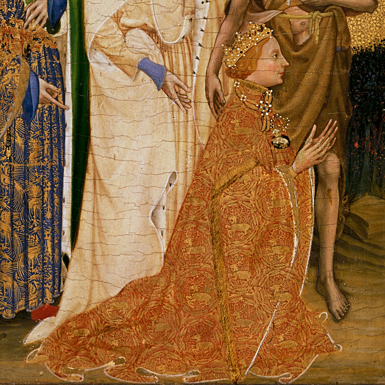 II. Richard, Vaftizci Aziz John ve Aziz Edward ve Edmund tarafından Bakire ve Çocuğa Sunuldu, c.1395-99 (meşe üzerine yumurta tavuğu) (3028 detayı) by Master of the Wilton Diptych