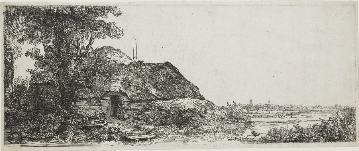 Büyük ağacın yanında kulübe by Rembrandt van Rijn