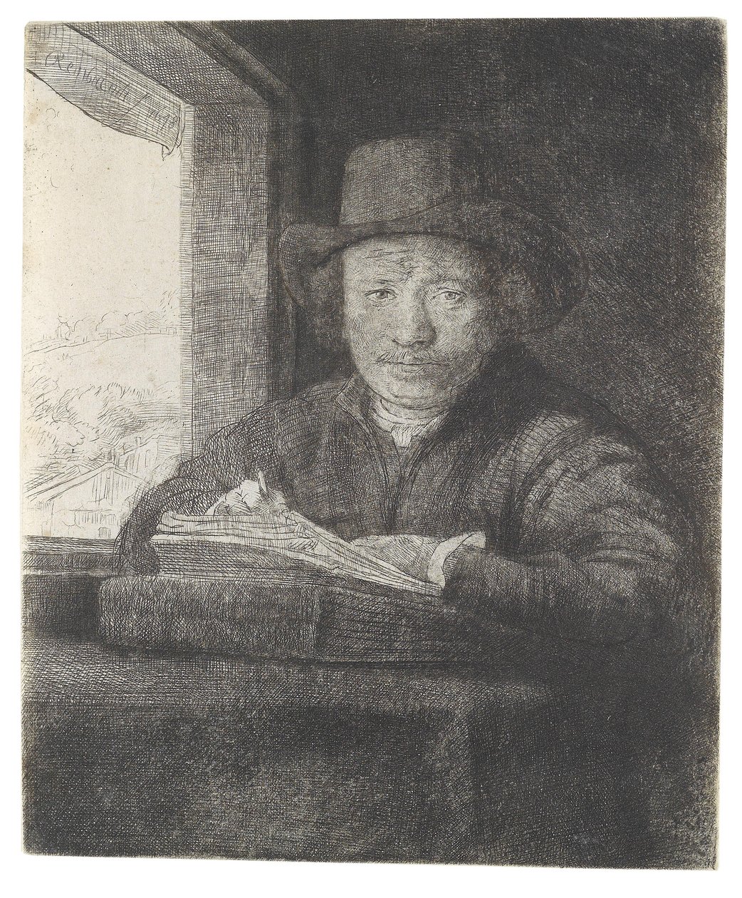Pencerede kendi portreni çizme by Rembrandt van Rijn