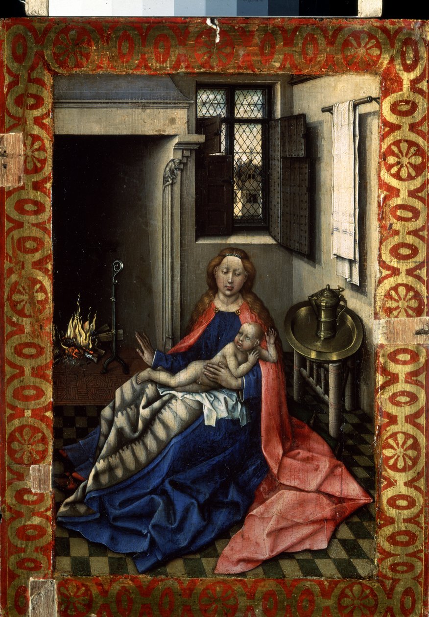 ""Şöminenin Yanında Madonna ve Çocuk"" (Şöminenin Yanındaki Bakire ve Çocuk) İki parçanın sağ bölmesi. 1430 Dim civarında Flemalle Ustası (1375-1444) olarak bilinen Robert Campin tarafından ahşap üzerine boyama. 34,3x24,5 cm Hermitage Müzesi, Sankt Petersb by Master of Flémalle