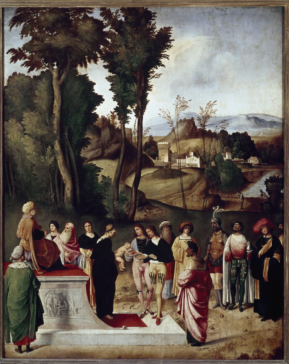 Musa çocuğu, Firavun tarafından ateş ve altın testine tabi tutuldu. detay (Ahşap üzerine yağlı boya, c.1502) by Giorgione