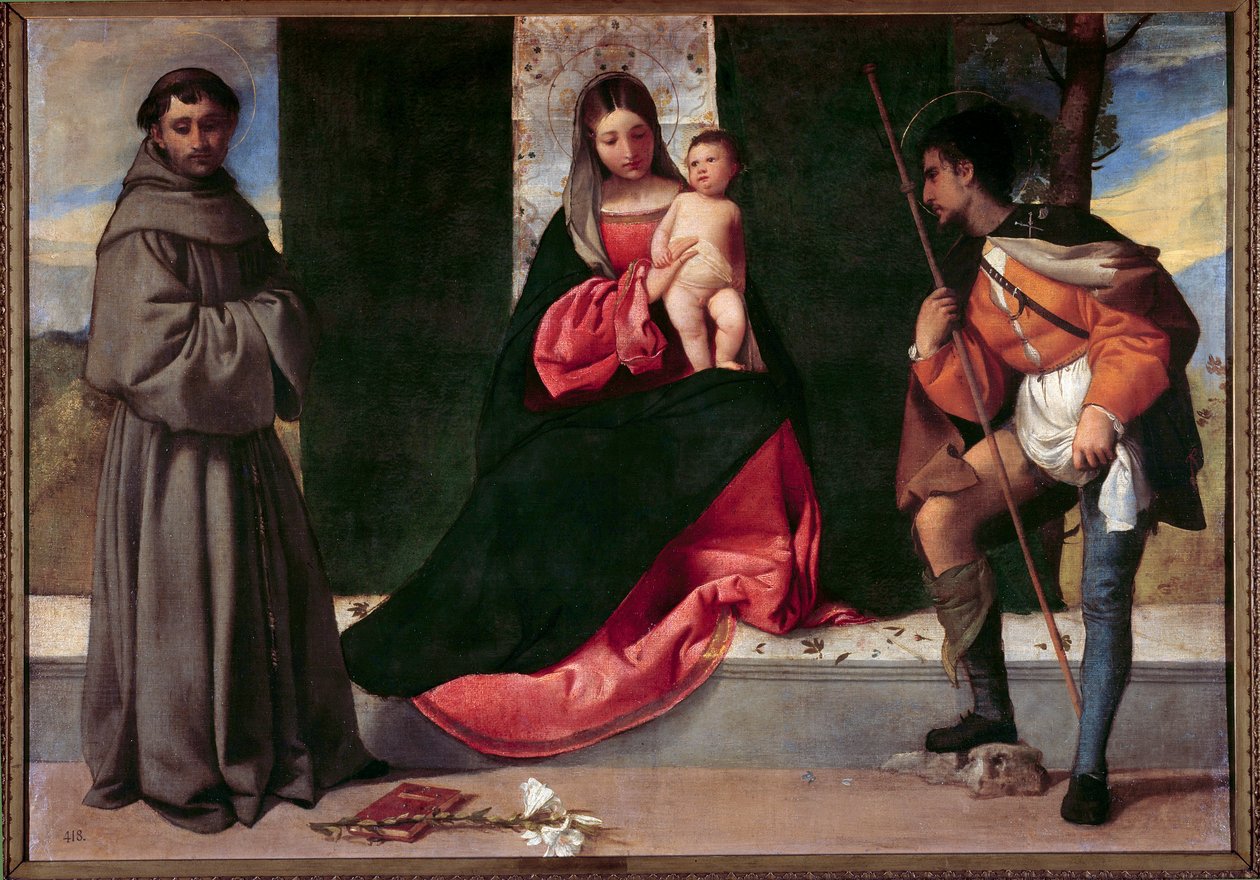 Saint Anthony of Padua (san antonio di padova) ve Saint Roch arasındaki Bakire ve Çocuk Giorgio Barbarelli da Castelfranco dit Giorgione (1477-1510). 16. yüzyıl Güneşi. 0,92x1,33 m Madrid, Prado Müzesi by Giorgione