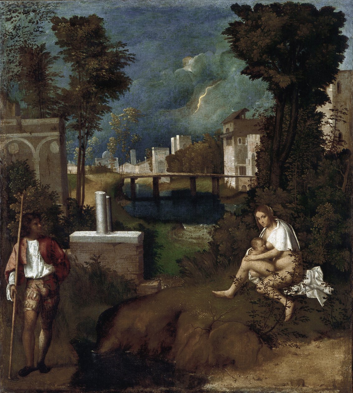 Fırtına. Çocuğunu emziren kadının detayı ve manzara - tuval üzerine yağlıboya, yaklaşık 1505-1506 by Giorgione