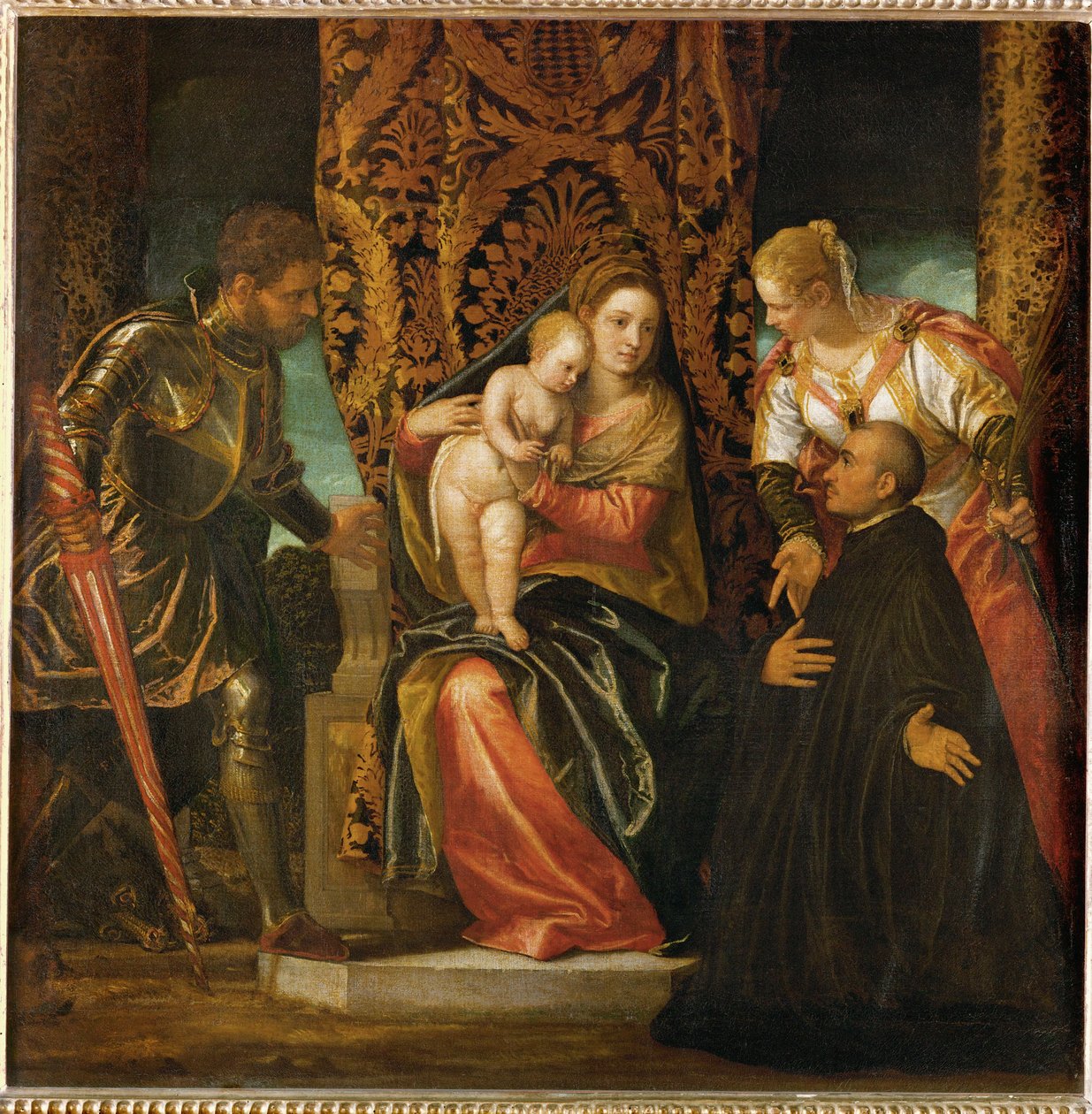 Aziz Meryem ve İsa, Aziz George ve Aziz Justine arasında, diz çökmüş bir Benedikten keşişi ile birlikte... by (1528 88) Veronese