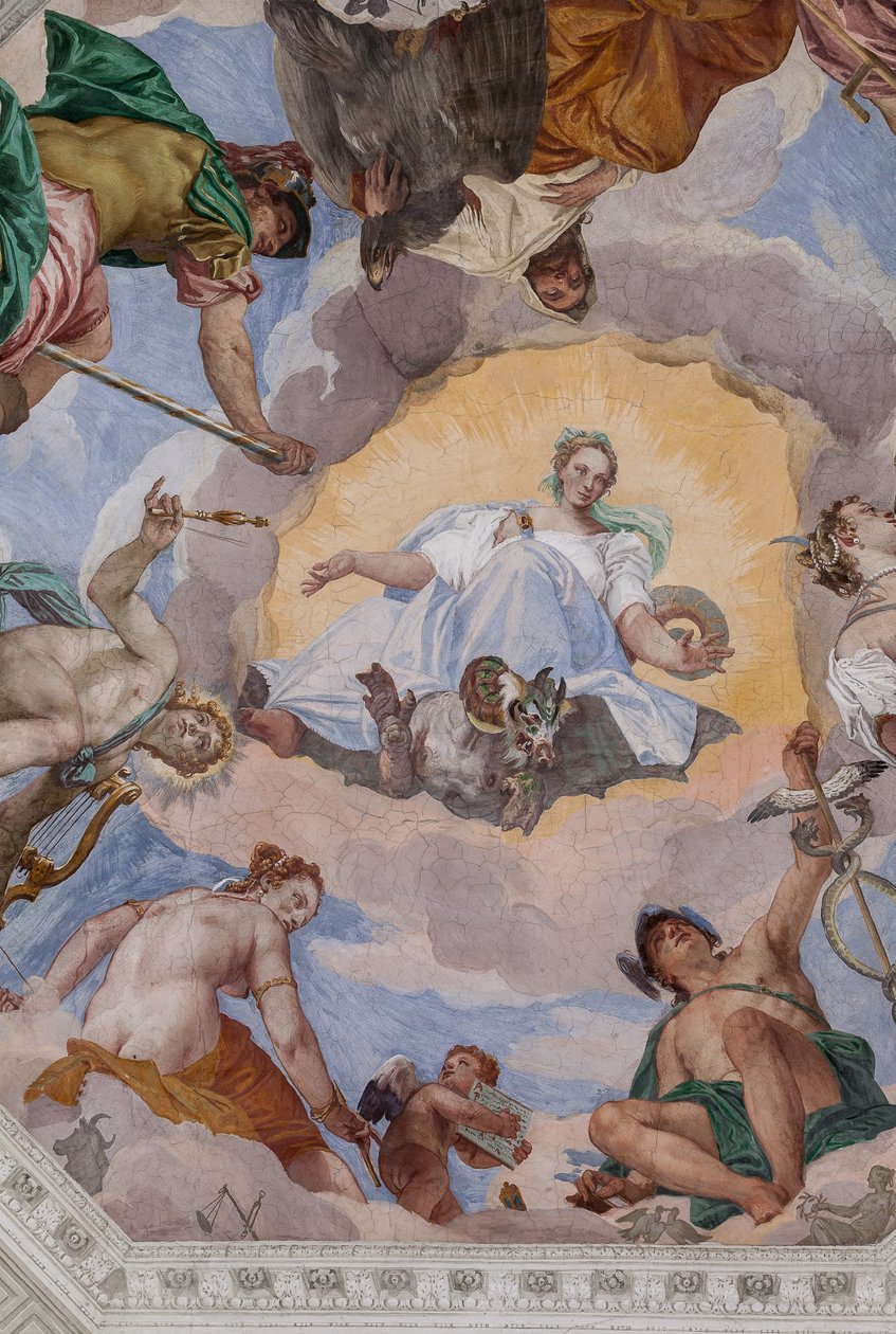 Tanrılarla çevrili Evrensel Uyum: Kartallı Zeus, Mars, lirli Apollo, Venüs, caduceuslu Merkür, köpeklerle Diana ve Olympus Salonunun merkezi sekizgeni Satürn by Veronese