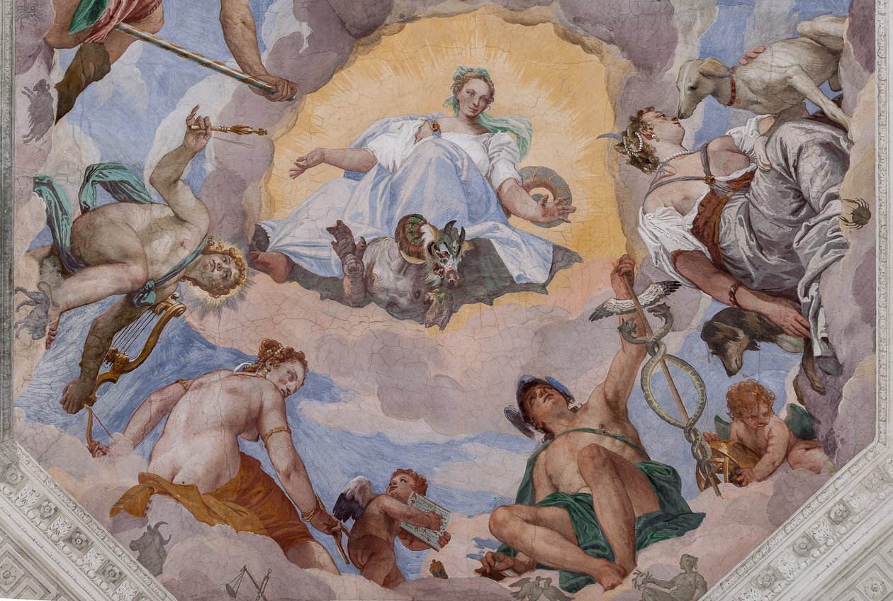 Tanrılarla çevrili Evrensel Uyum: Kartallı Zeus, Mars, lirli Apollo, Venüs, caduceuslu Merkür, köpeklerle Diana ve Olympus Salonunun merkezi sekizgeni Satürn by Veronese