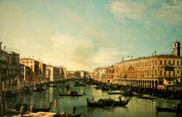 Büyük Kanal, Venedik, Rialto köprüsünün yakınından kuzeye bakıyor (tuval üzerine yağlı boya) by Canaletto