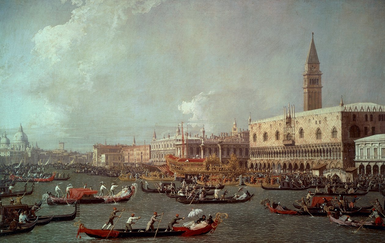 Canaletto (1697-1768) olarak bilinen Giovanni Antonio Canal tarafından, Yükseliş Günü'nde Bucentaur'un iskeleye dönüşü, yaklaşık 1760, tuval üzerine yağlı boya by (1697 1768) Canaletto