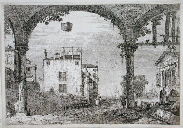 Bir çarşıdan kıyı binalarına doğru görüntüleyin (gravür) by Canaletto