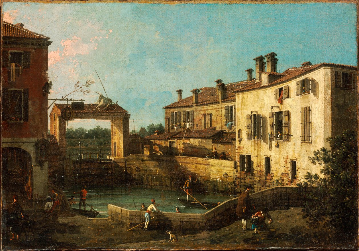 """Dolo yakınında kilit, Venedik"" (Dolo yakınında kilit, Venedik) Giovanni Antonio Canal dit Canaletto (1697-1768) tarafından yapılan resim 1776 Dim 30.5x44.5 cm Szepmuveszeti Muzeum, Budapeşte by Canaletto