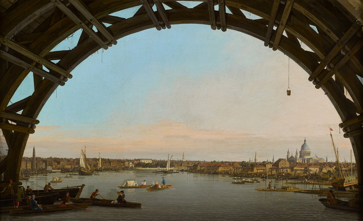 Londra, Westminster köprüsünün altından şehrin bir görünümü by Canaletto
