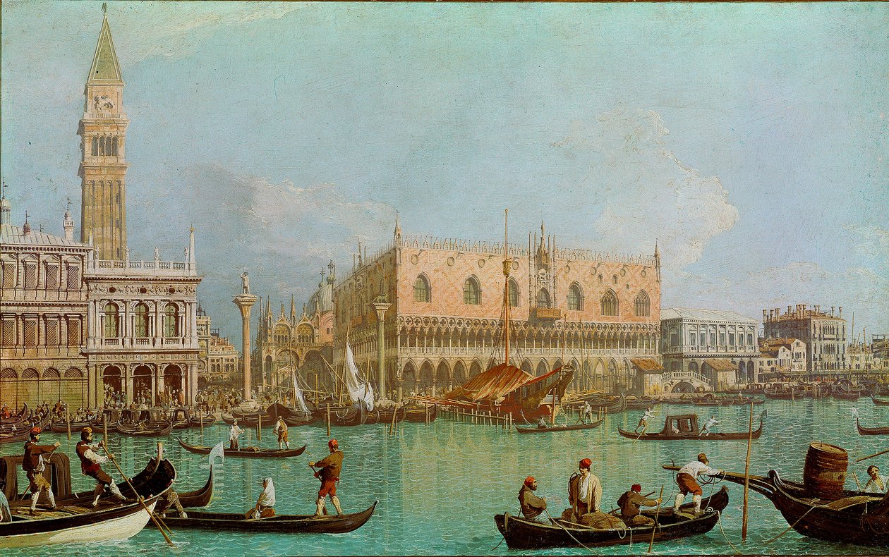Saint Mark havzasının Ducal Sarayı ile Köstebek. Kanaldan alınan Venedik, Doge Sarayı ve San Marco Meydanı manzarası. Giovanni Antonio Canal dit il Canaletto tarafından yapılan tablo (1697-1768) by Canaletto