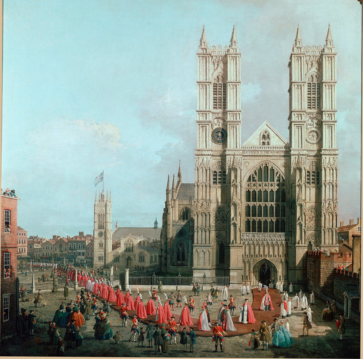 Westminster Manastırı'nın görünümü ve Canaletto (1697-1768) 1749 Güneşi olarak bilinen Giovanni Antonio Kanalı tarafından yapılan Banyo Düzeni Şövalyeleri Alayı Resmi. 99x101 cm Londra, Westminster by Canaletto