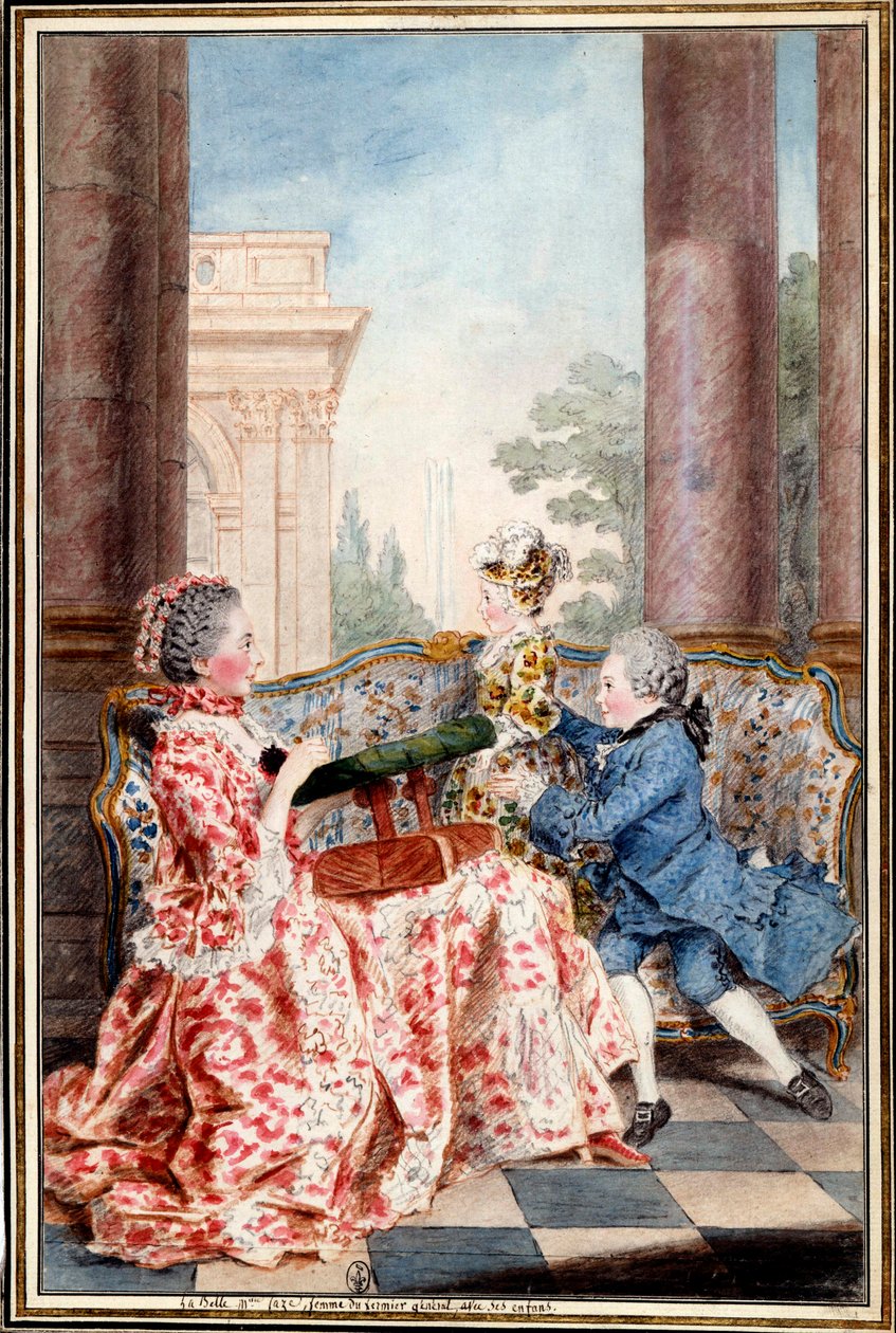 La belle Madame Caze, çiftçi generalin karısı ve çocukları Louis Carrogis (1717-1806) tarafından Suluboya Carmontelle