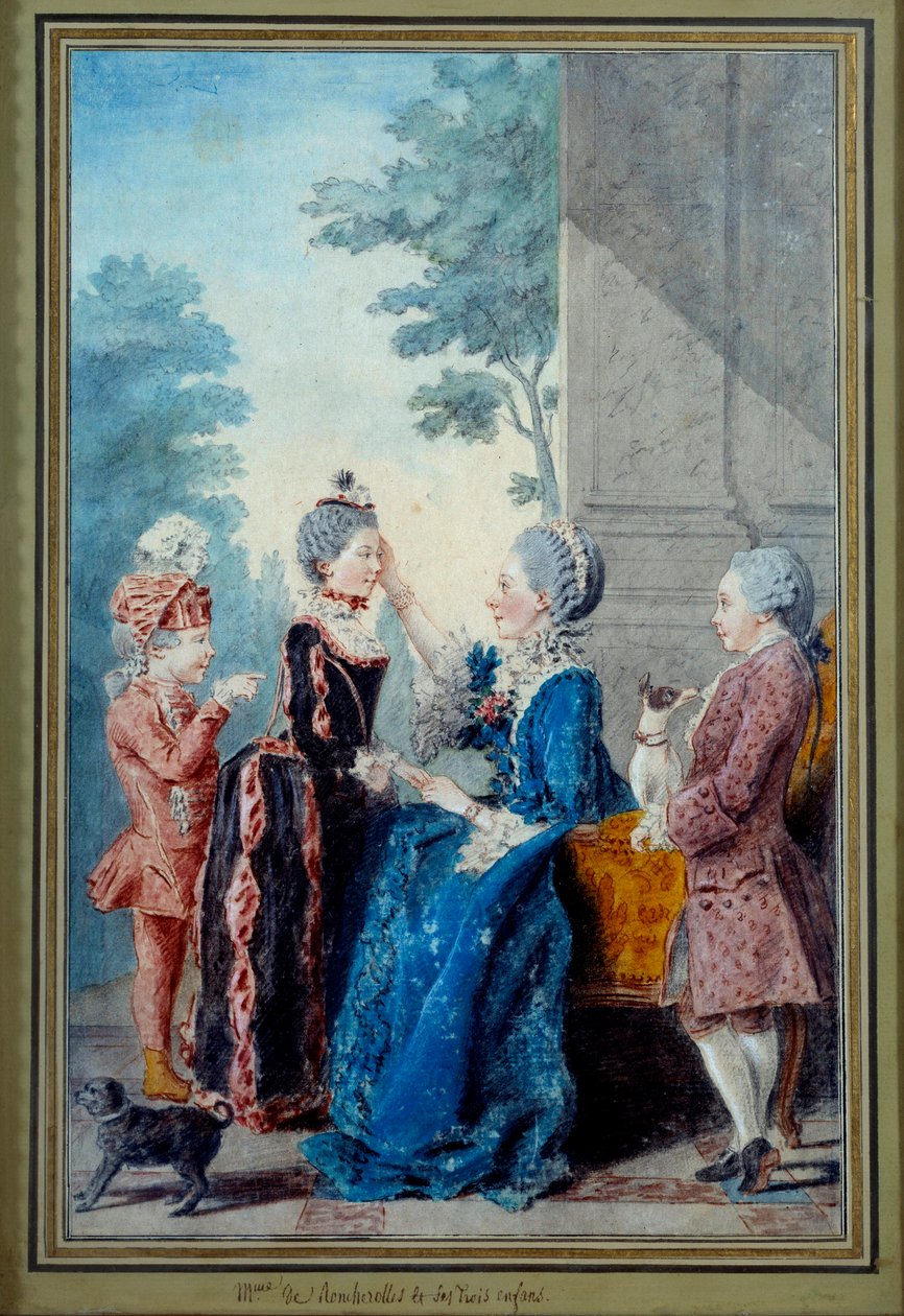 Madame de Roucherolles ve üç çocuğu Louis Carrogis Carmontelle (1717-1806) tarafından Suluboya 18. yüzyıl Paris, Musee Carnavalet by Carmontelle