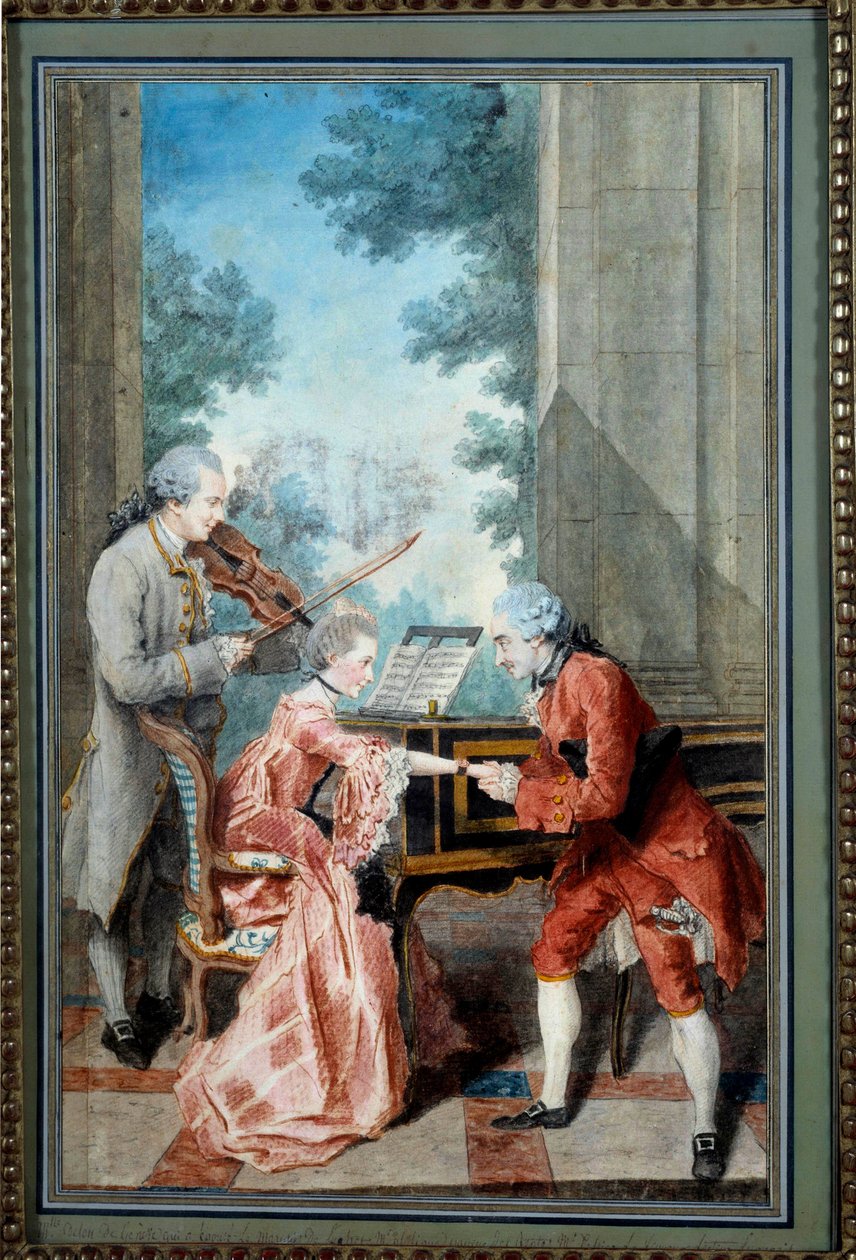 Matmazel Delou, Mösyö Philippe ve Mösyö de Texier Bir beyefendi genç bir piyaniste saygılarını sunar. Louis Carrogis tarafından suluboya, dit Carmontelle (1717-1806) 18. yüzyıl Paris, Musee Carnavalet - Mademoiselle Delou, Mösyö Philippe ve Mösyö d by Carmontelle