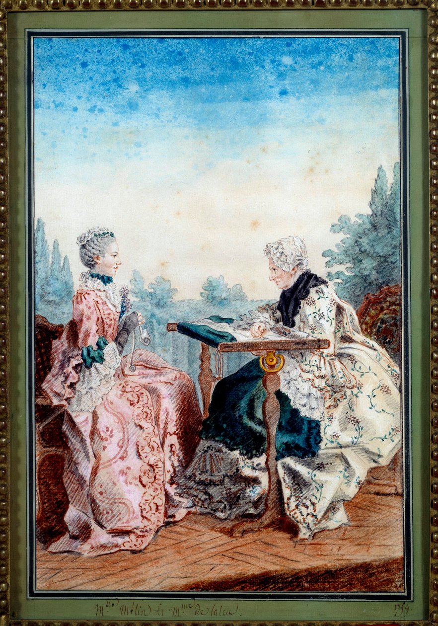 Matmazel Melin ve Matmazel de Laleu, Louis carrogis dit Carmontelle (1717-1806) 1759 tarafından suluboya goblen yapıyor. Paris, Musee Carnavalet by Carmontelle