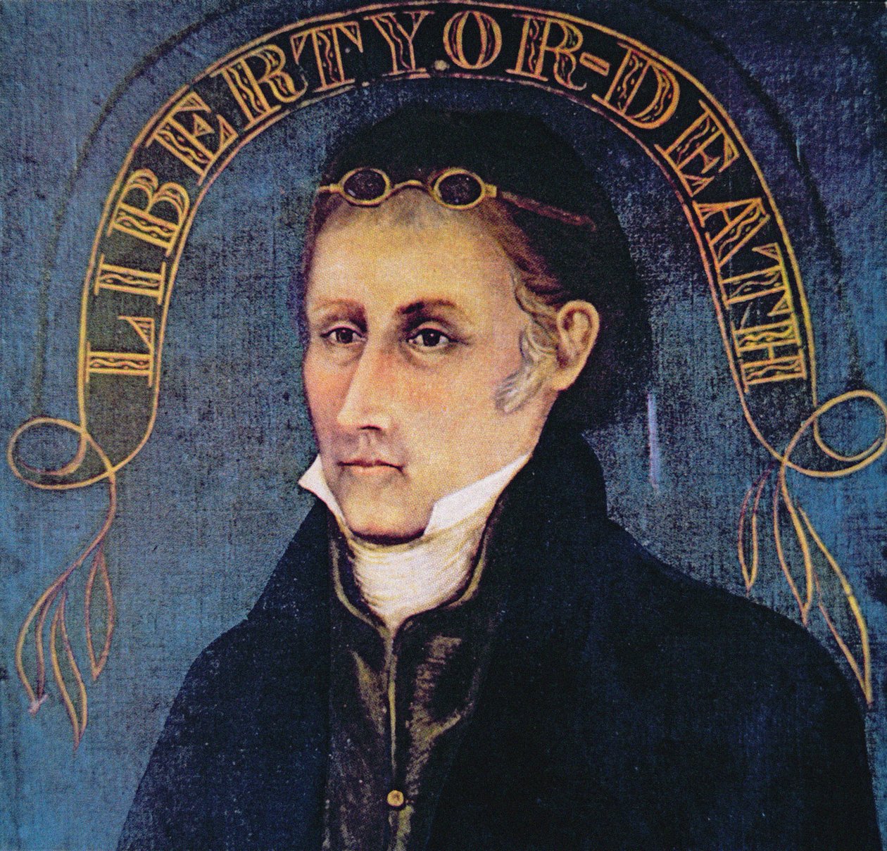 Patrick Henry, efsane "Özgürlük ya da Ölüm" (renkli taş) ile tasvir edilmiştir. by (after) American School