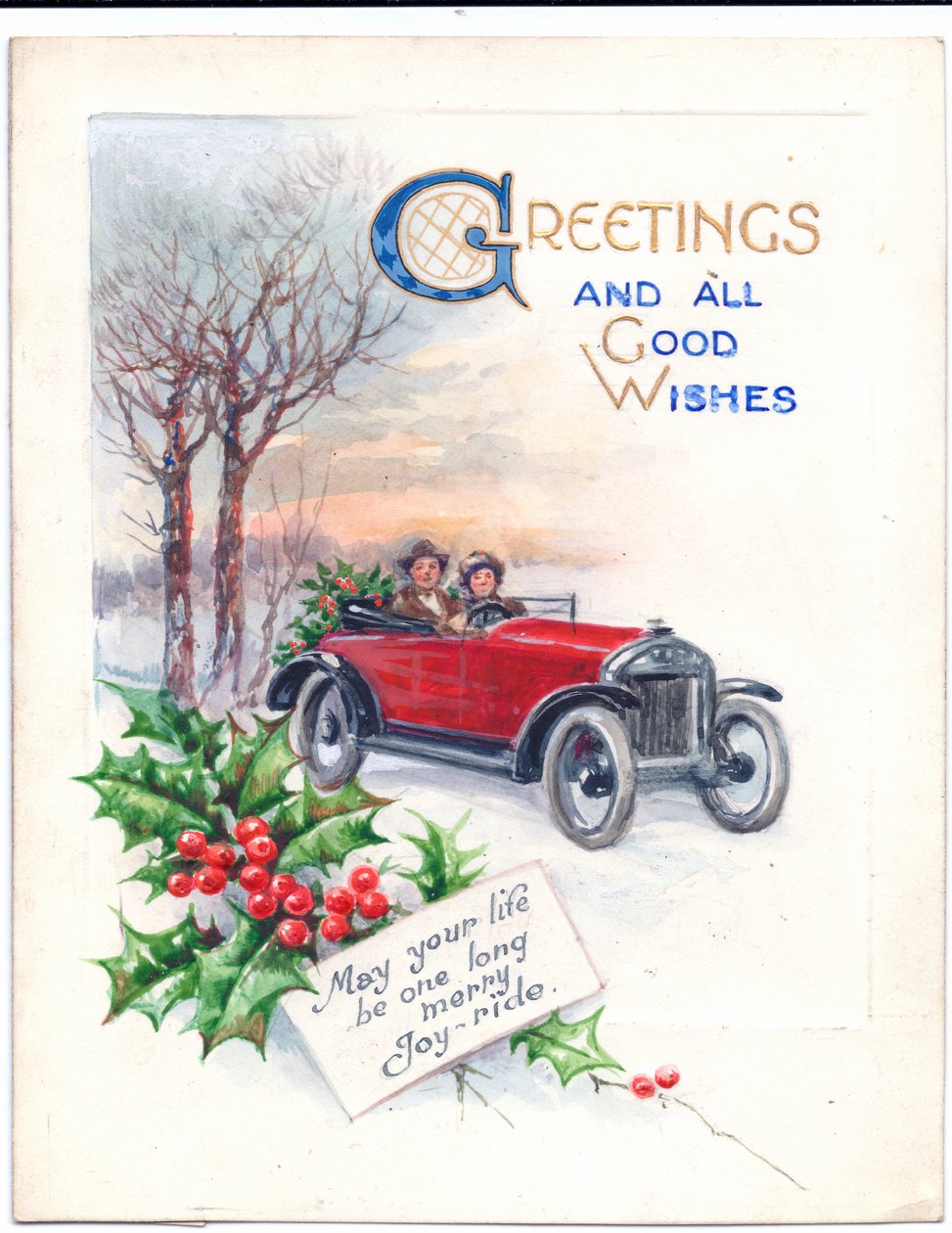 1951 dolaylarında kırmızı bir araba ve kutsal bir Noel kartı için orijinal sanat eseri by (after) English School